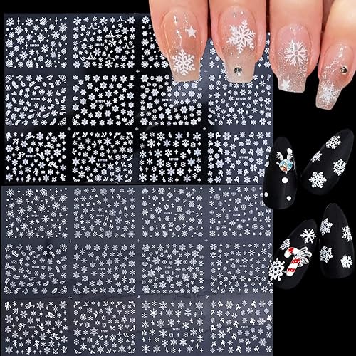 24 Sheets Snowflakes Nail Art Stickers Decals Christmas Nail Decals 3D Snowflake Self-Adhesive Nail Designs White and Sliver Winter Nail Art Supplies Beauty & Personal Care RYAOLFLY