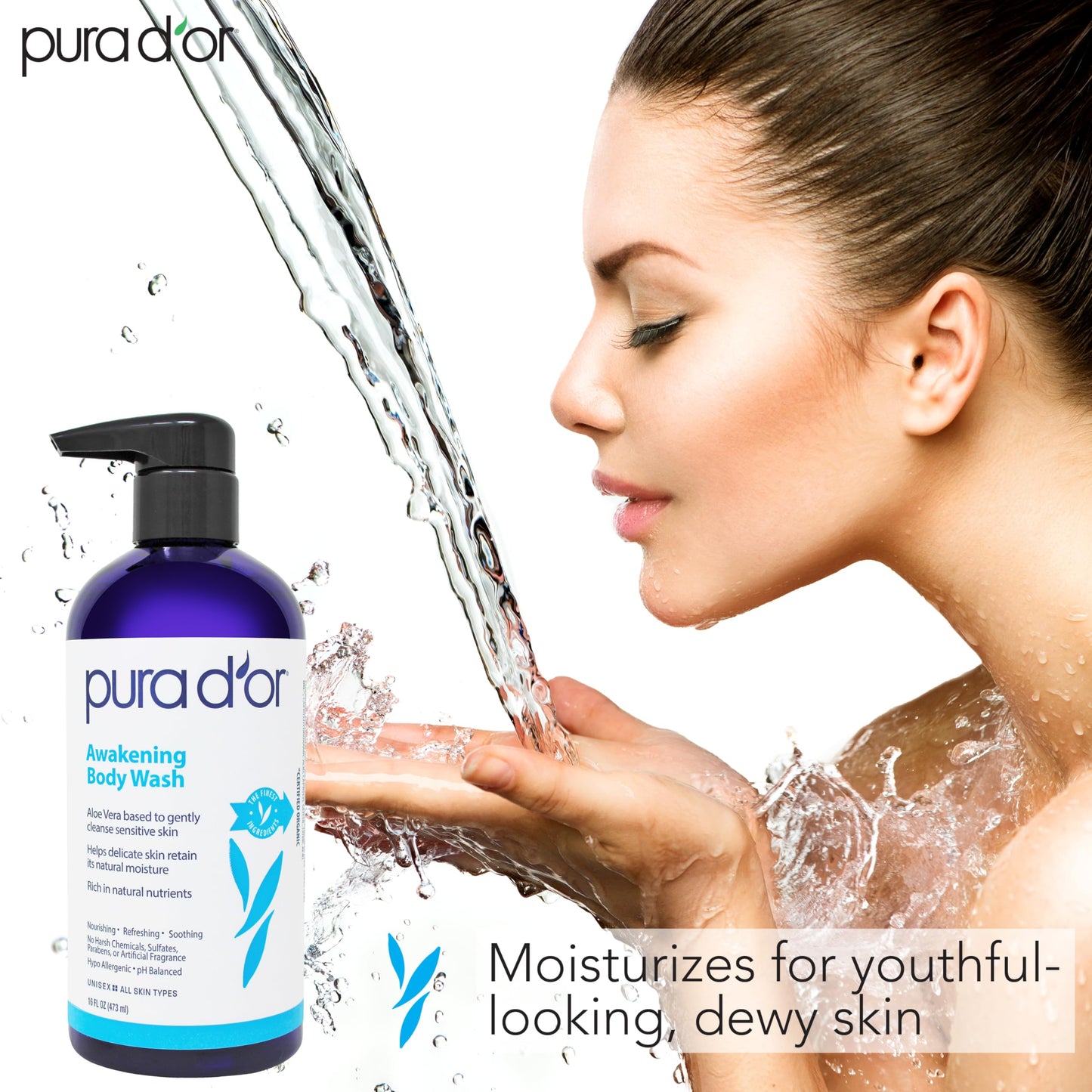 PURA D'OR 16 Oz Awakening Body Wash with Aloe Vera, Chamomile, Lavender, Tea Tree and Natural Nutrients - pH Balanced for Moisturized Soft Beauty & Personal Care PURA D'OR