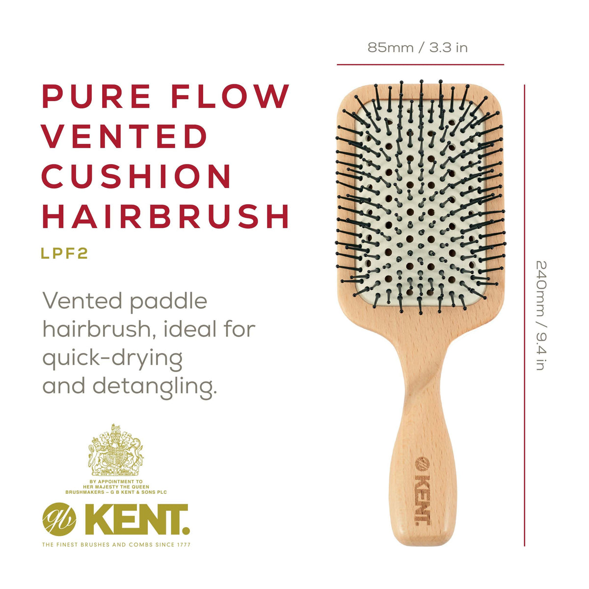 Kent LPF2 Large Cushion Paddle Hair Brush, Vented Taming Fine Pins Detangle Brush for Long Thick and Curly Hair, Scalp Massager and Growth Stimulator