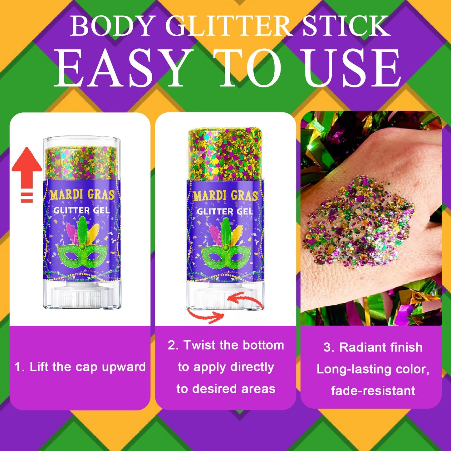 Mardi Gras Glitter Gel Stick, Color-Changing in Different Lighting, for Body, Face & Hair (Mardi Gras) Beauty & Personal Care CiikDux