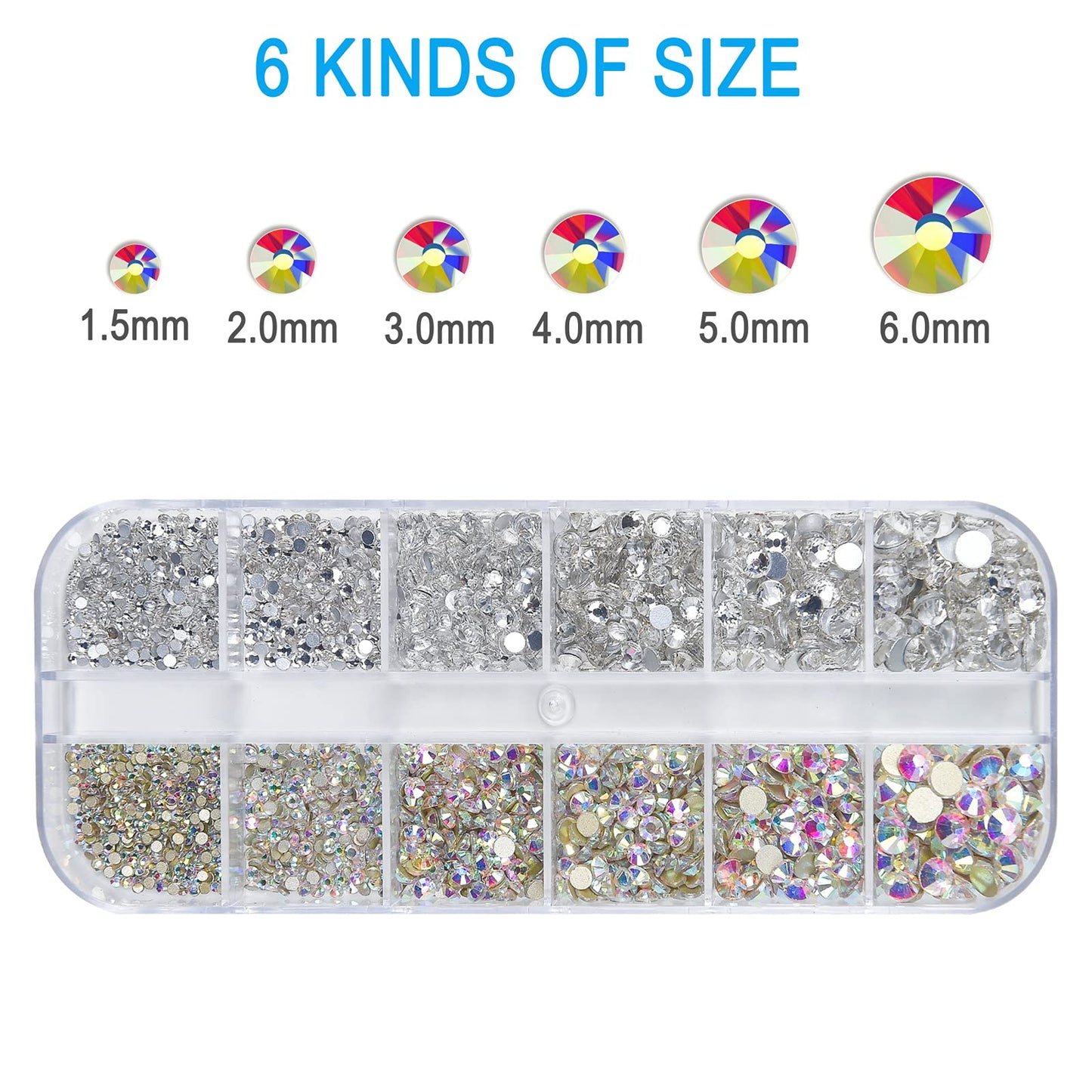 Nail Art Rhinestones Kit HUETFAT 2400pcs Nail Gems Ab Flatback Rhinestones Gems Stones, with Storage Organizer Box/Wax Pencil/Tweezers 6 Sizes Beauty & Personal Care HUETFAT