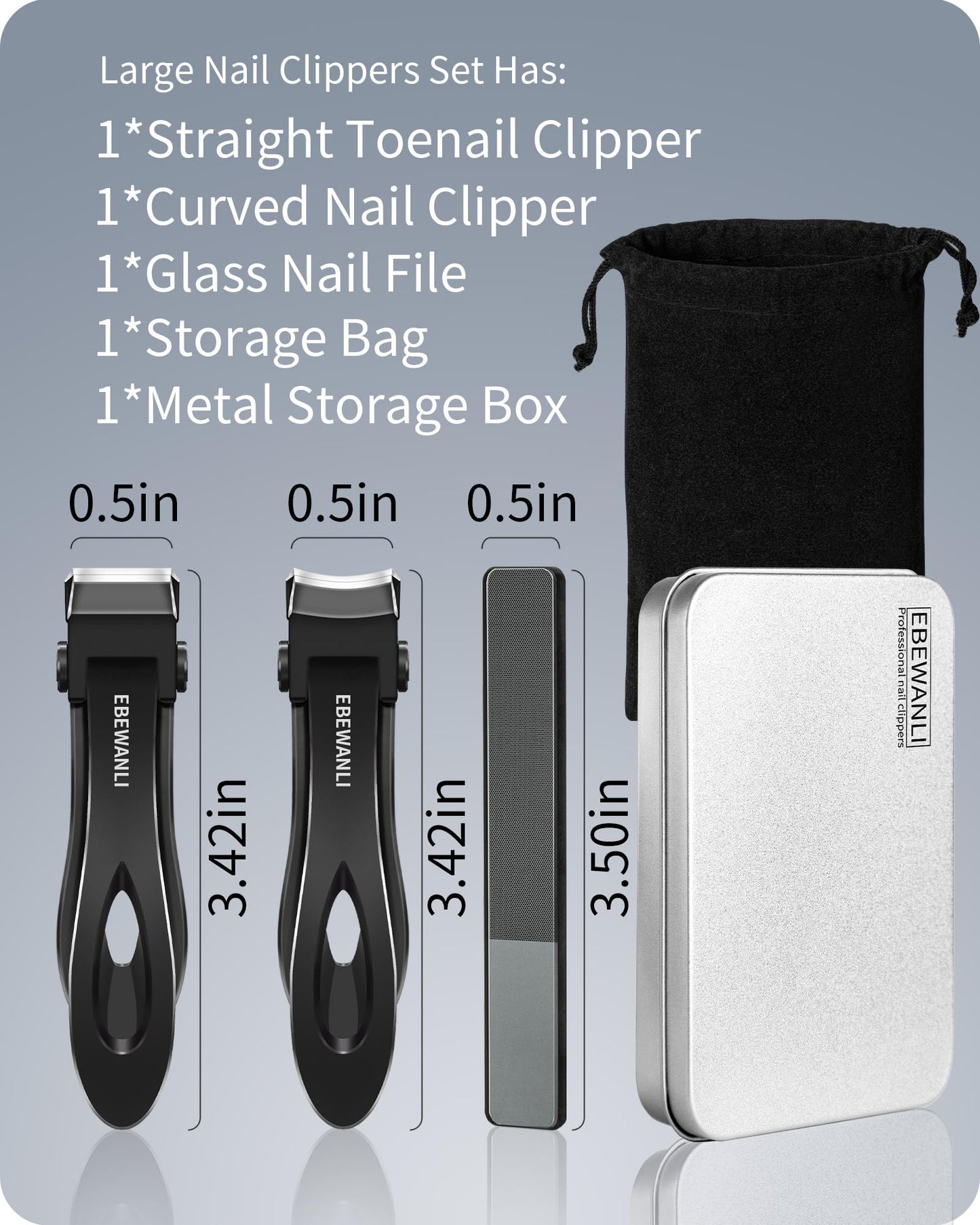 EBEWANLI Nail Clippers Set, Toe Nail Clippers for Men, 17mm Wide Jaw Opening Toenail Clippers for Thick Toenails, Straight and Curved Blade Heavy Duty Beauty & Personal Care EBEWANLI