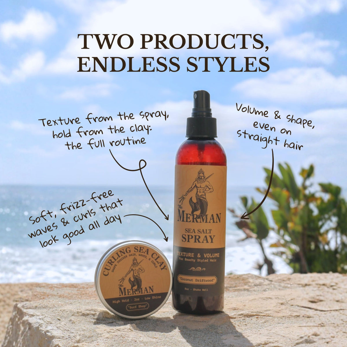 The Merman Sea Salt Spray & Curling Sea Clay Bundle, All-Day Hold, 8oz, 2oz