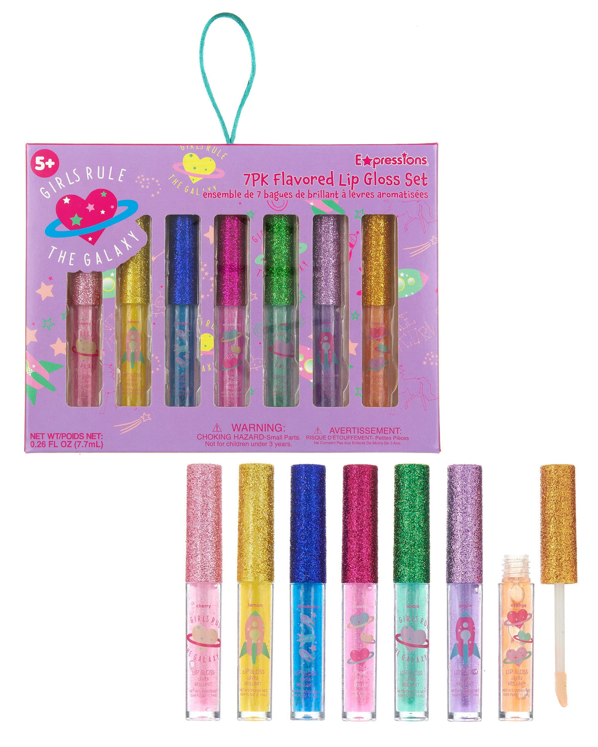 EXPRESSIONS 7pc Girls Rule The Galaxy Lip Gloss Collection For Girls Teens & Women, Flavored Lip Gloss Glitter Lip Kit Party Favors Beauty & Personal Care EXPRESSIONS