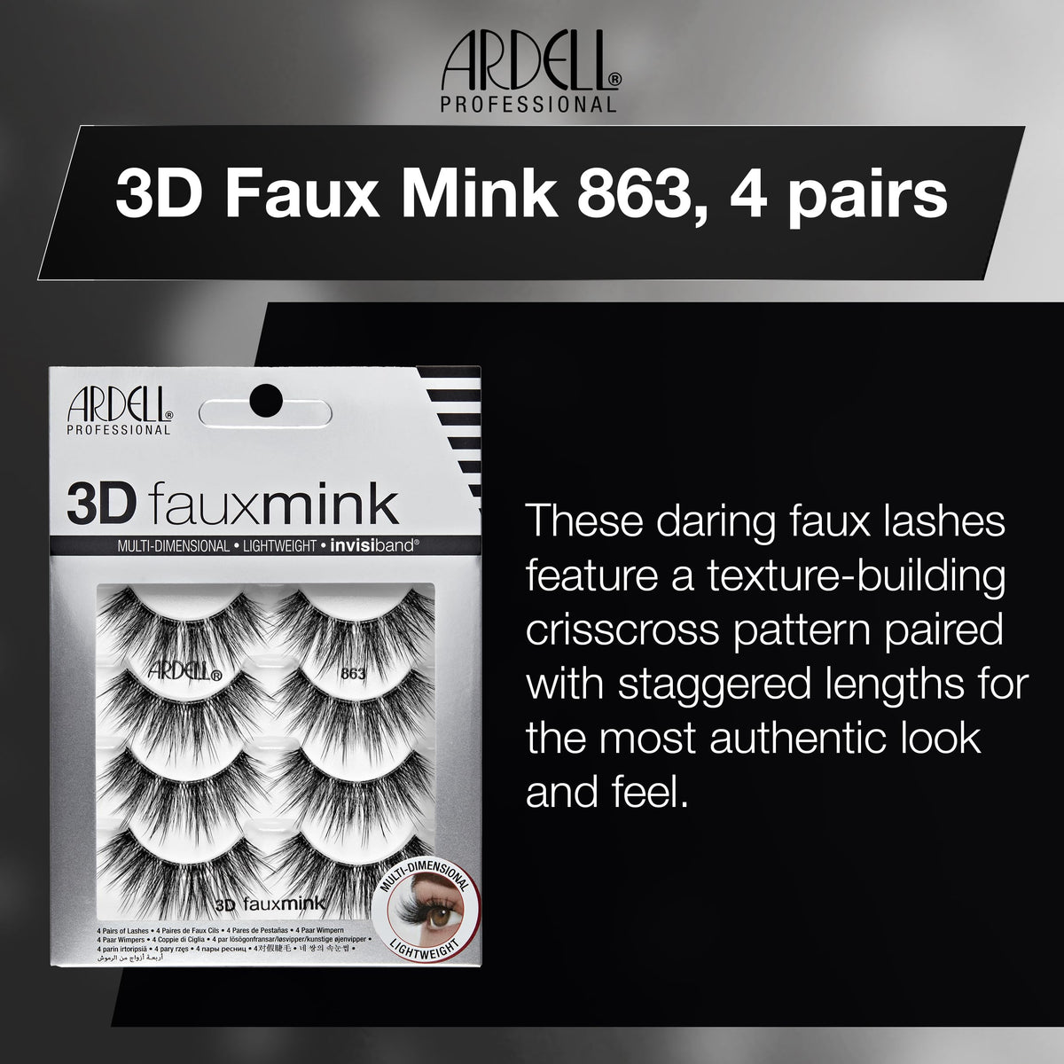 Ardell 3D Faux Mink Lashes 863 - Multi-Dimensional False Eyelashes Natural Look Strip Wispy Lashes, 4 Pairs