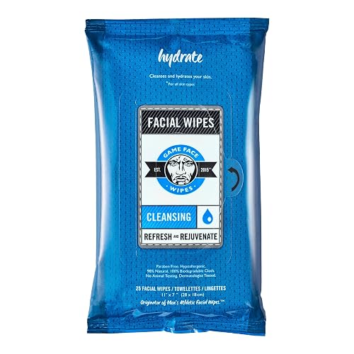Game Face Cleansing Face Wipes 25 Count Pack XL Size 100% Compostable, Naturally Formulated and Lightly Scented Hydrating, Refreshing Beauty & Personal Care Game Face Products, Inc.