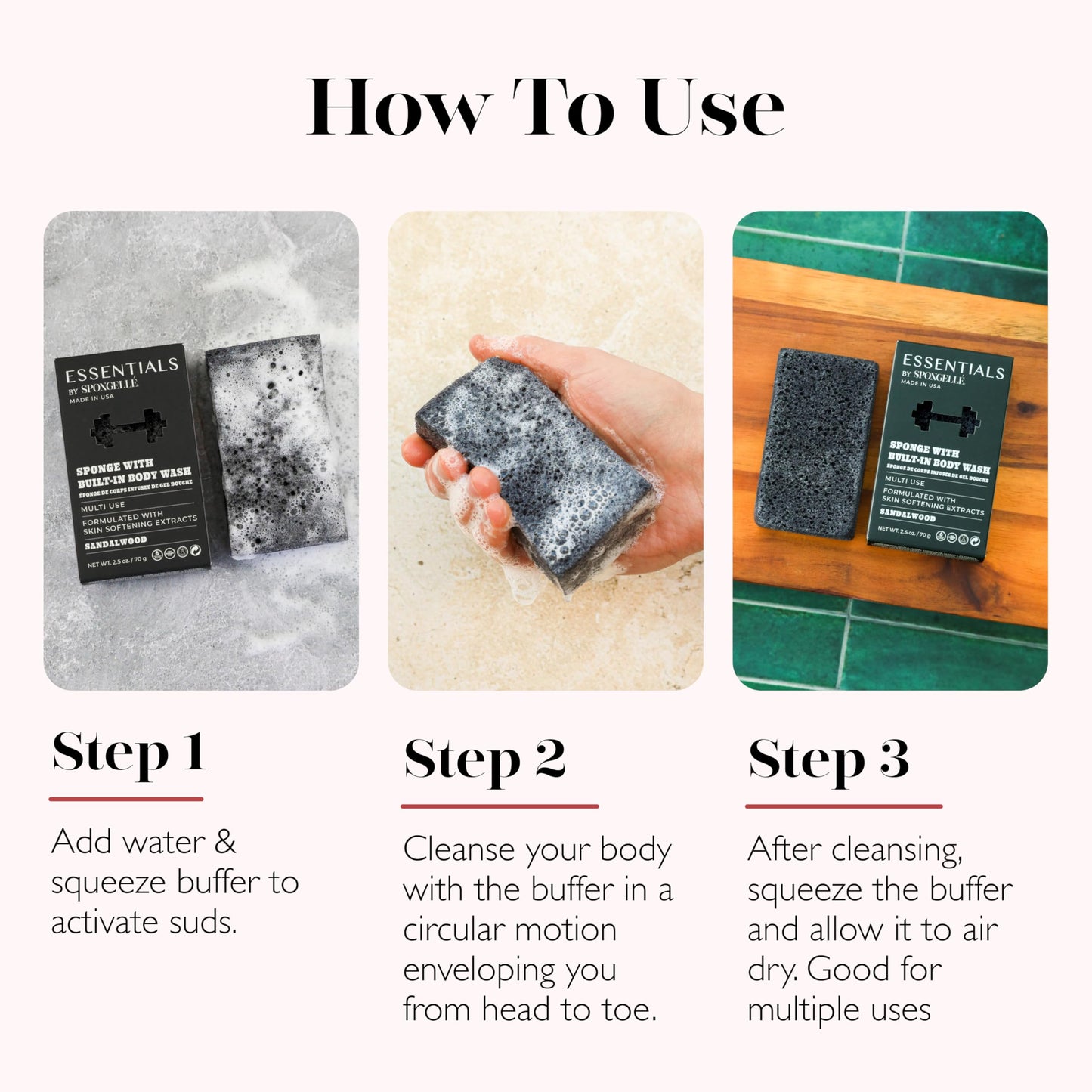 Spongelle Men's Essentials Sandalwood Body Buffer - Bath & Shower Loofah for Men - Cleanse, Exfoliate, and Nourish in one Easy Step - Cruelty-Free Beauty and Personal Care SPONGELLÉ
