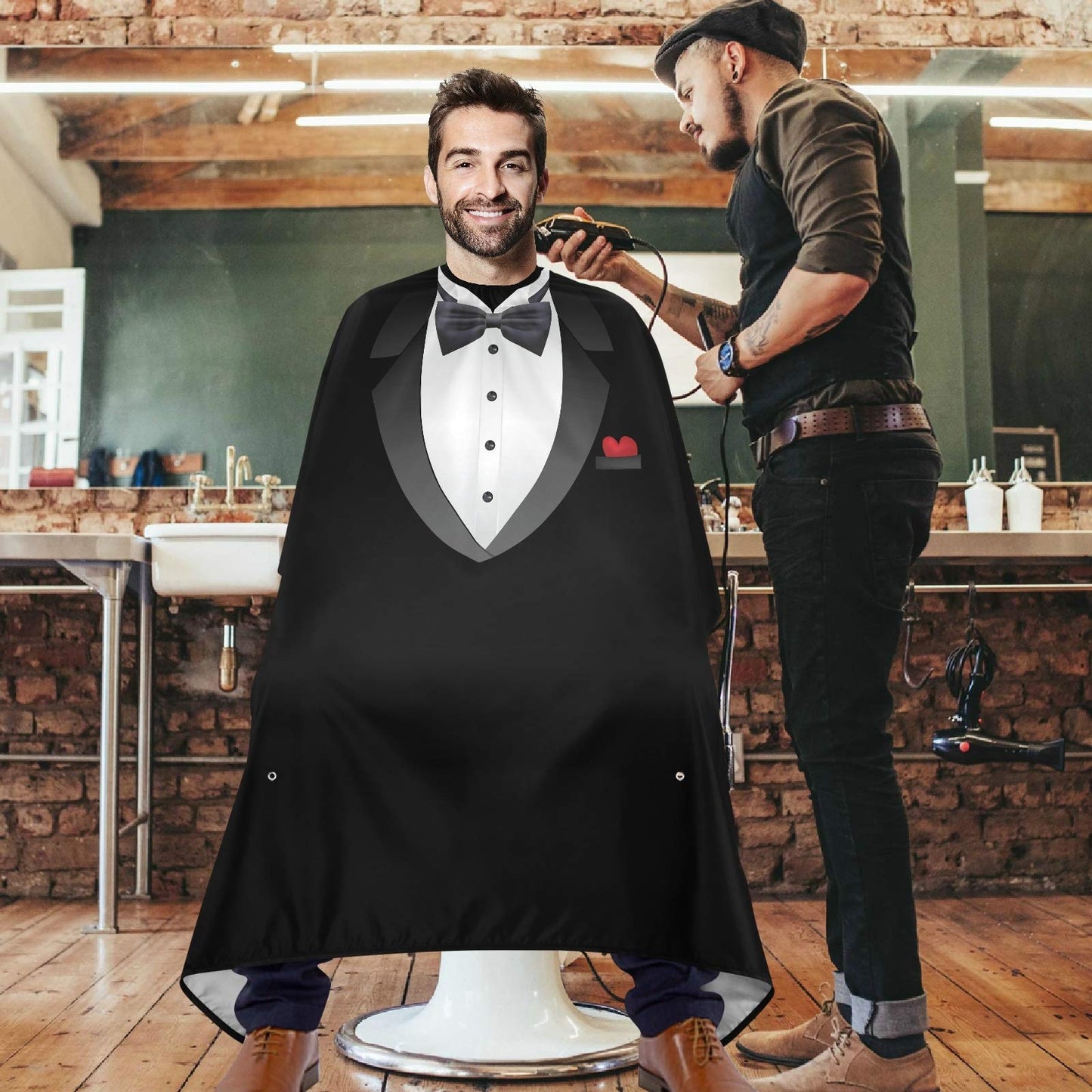 visesunny Tuxedo With Bow Tie Barber Cape Anti-Static Hair Cutting Cape with Snap Closure Professional Salon Polyester Beard Shaving Bib Beauty and Personal Care visesunny
