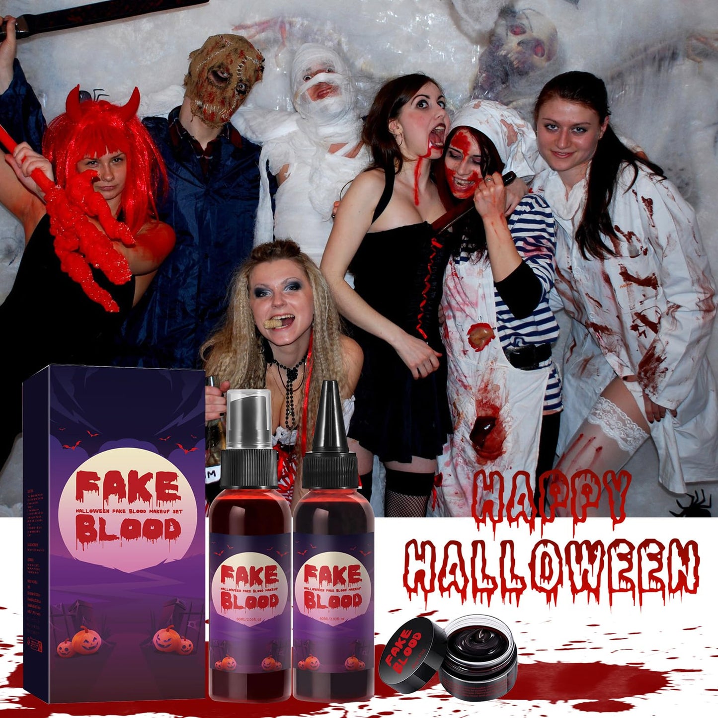 AOYEBO Fake Blood Makeup Kit - 60ml Spray & 40ml Coagulated Blood, Washable Realistic SFX Makeup for Halloween Zombie Vampire Cosplay (Natural Beauty & Personal Care AOYEBO