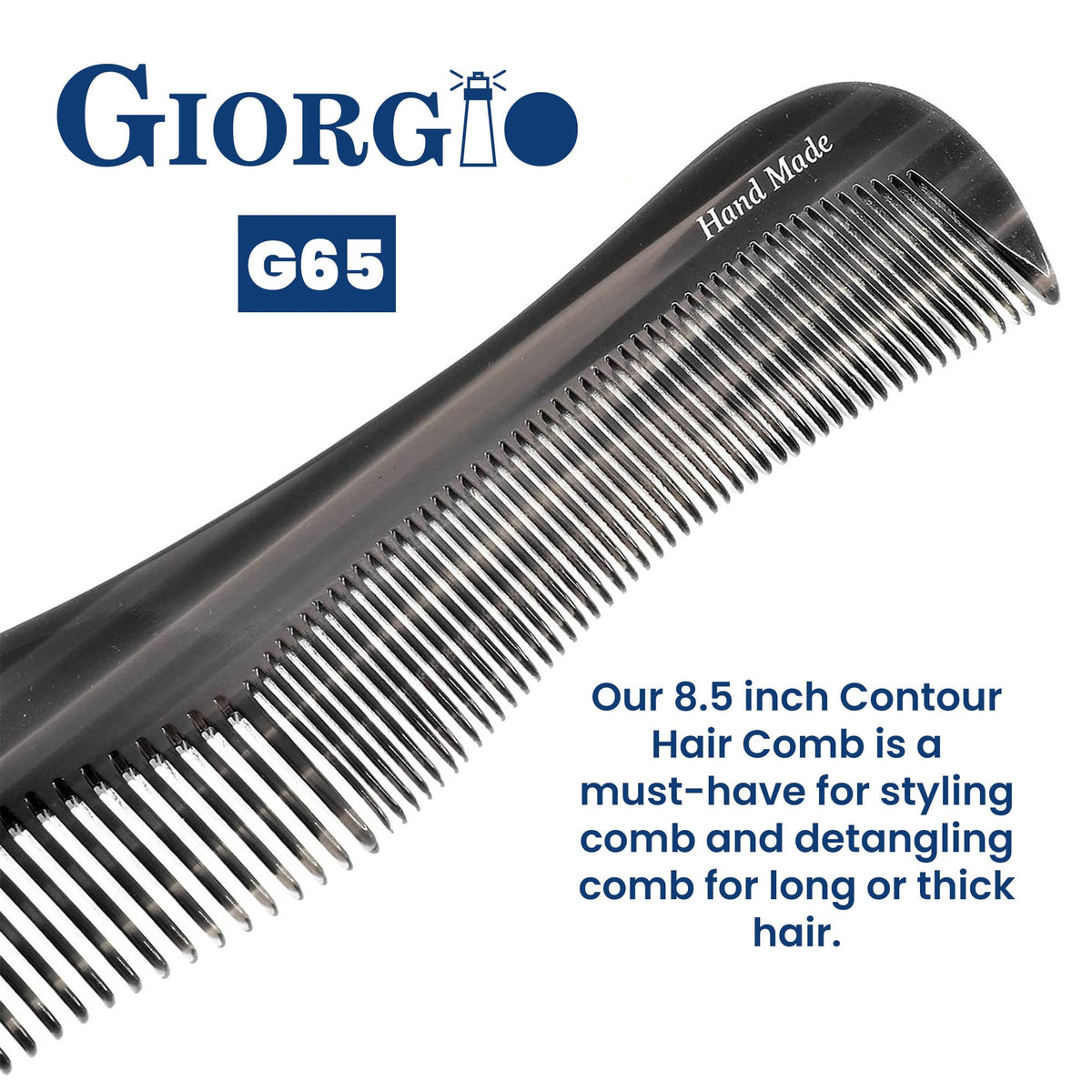 Giorgio G65 Contour Comb - Fine Tooth & Wide Tooth Comb for Thick & Thin Hair for Men, Women & Kids - Saw Cut, Handmade & Hand Polished (8.5")
