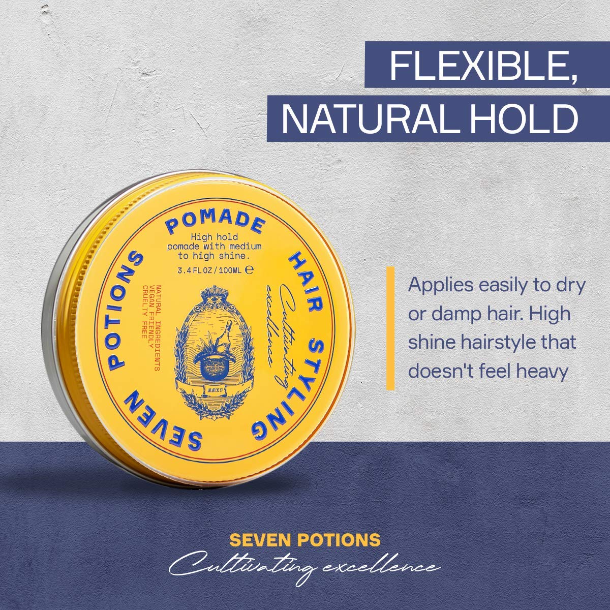 SEVEN POTIONS Men’s Hair Pomade - High Shine, High Hold, Water-Based - Barber-Grade Styling for Slick Back, Pompadour & Side Part - Natural, Vegan Beauty & Personal Care SEVEN POTIONS