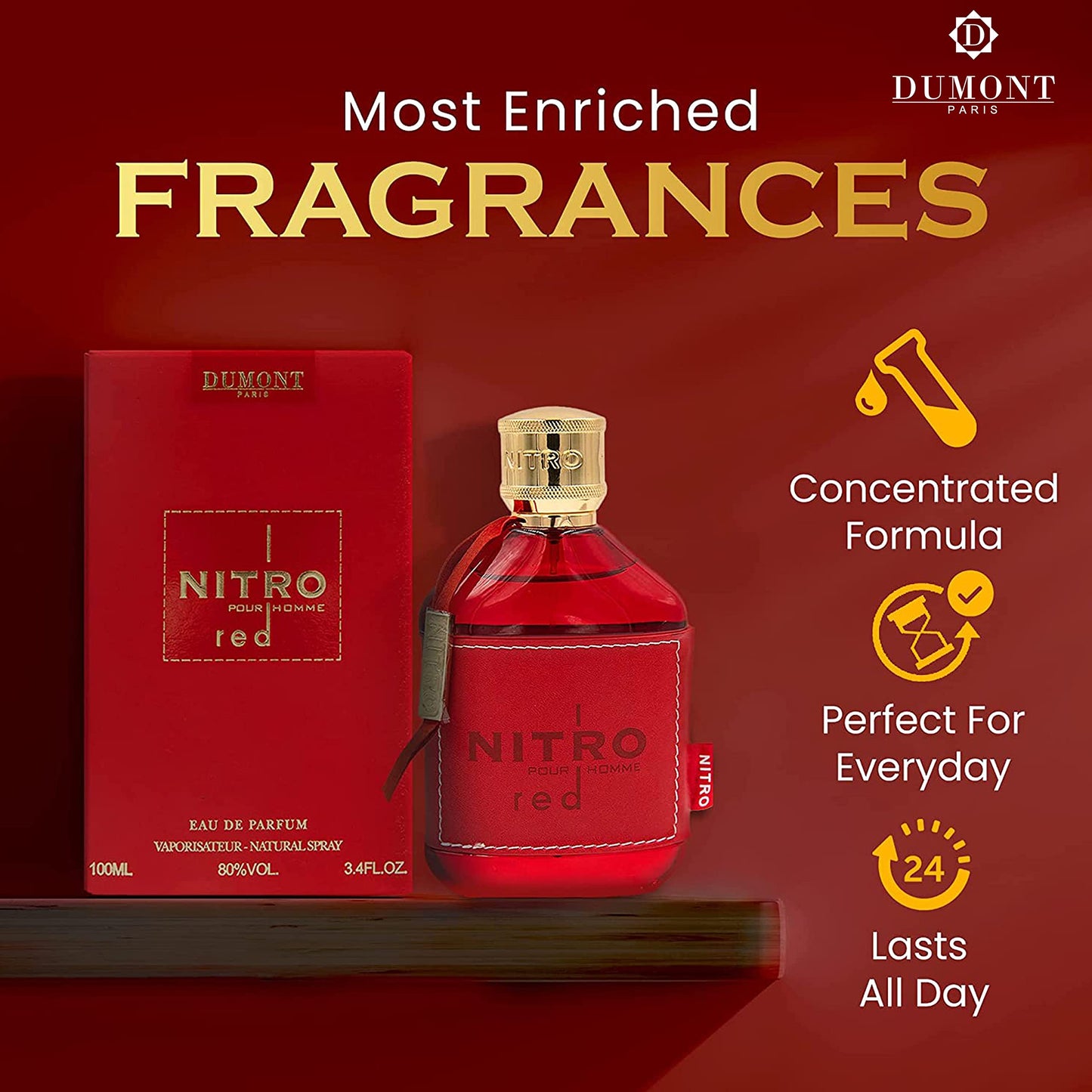 Dumont Nitro Red 3.4 Fl Oz Eau De Parfum for Men - Rich Fruity Woody Floral Fragrance - Luxurious Long Lasting Scent Beauty and Personal Care Dumont