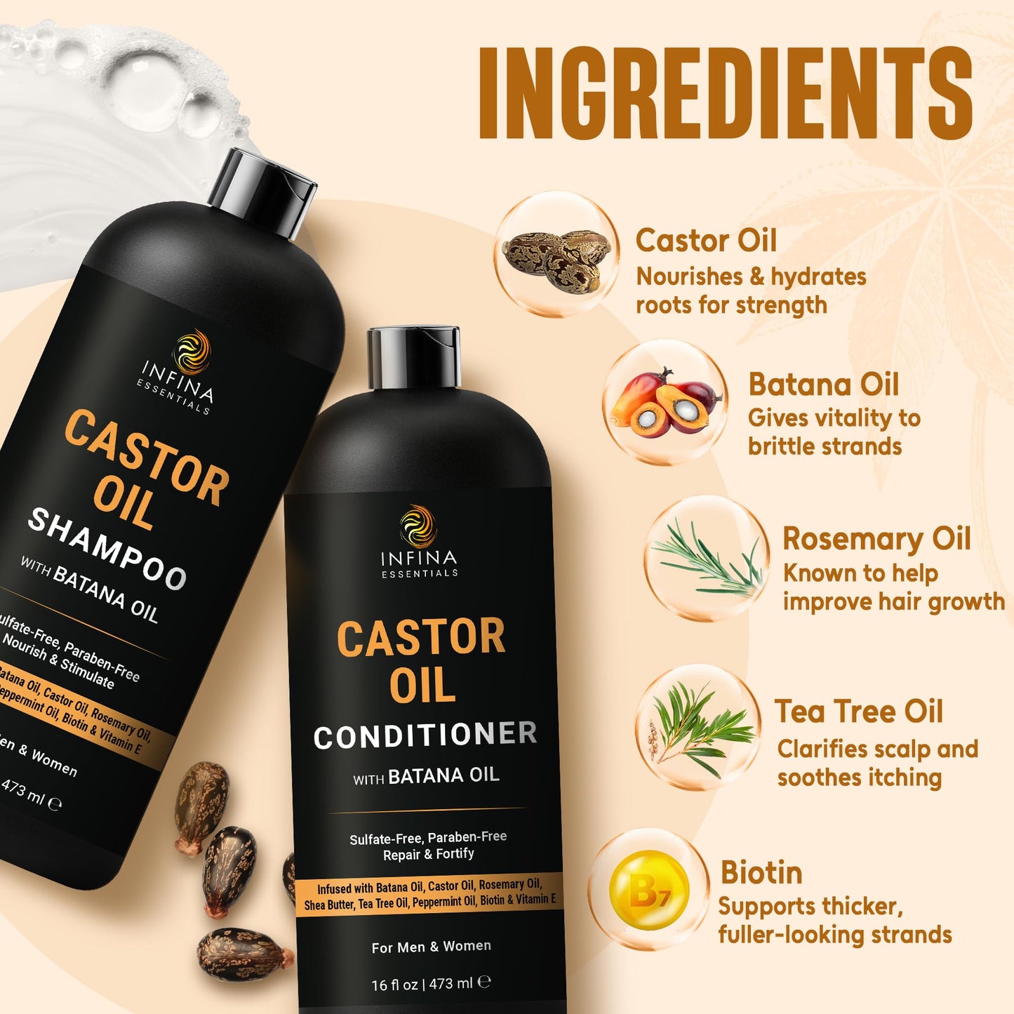 INFINA ESSENTIALS Castor Oil Shampoo and Conditioner Set | 16 fl oz Each | with Batana Oil | Strengthening, Thickening & Hydrating Formula | Supports Beauty & Personal Care INFINA ESSENTIALS