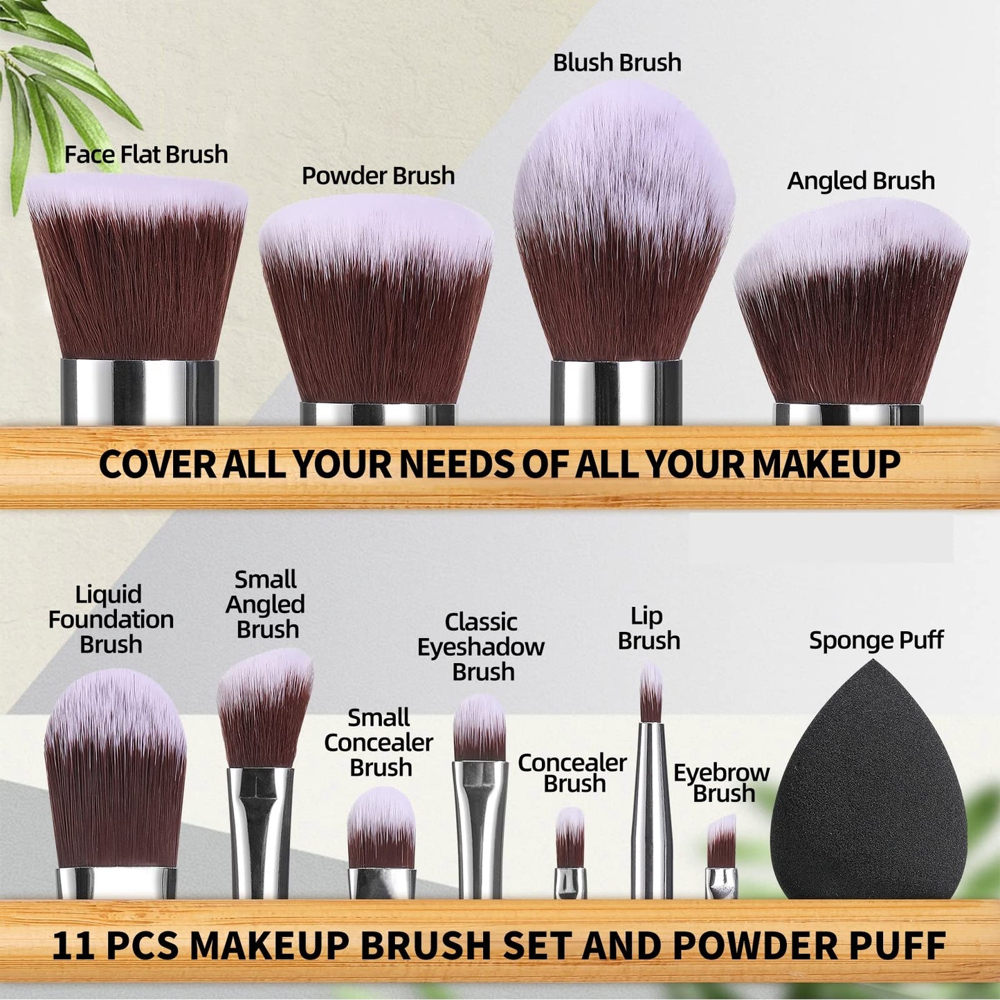 BS-MALL Makeup Brush Set 11Pcs Bamboo Synthetic Kabuki Brush Set Foundation Powder Blending Concealer Eye shadows Blush Cosmetics Brushes Beauty & Personal Care BS-MALL