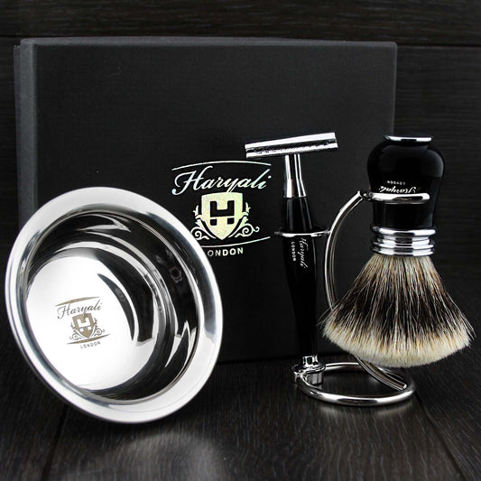 Ready to Use 4 Pcs Men's Shaving Set with Double Edge Safety Razor, Sliver Tip Badger Hair Brush, Stand and Steel Soap Bowl Beauty and Personal Care Haryali London