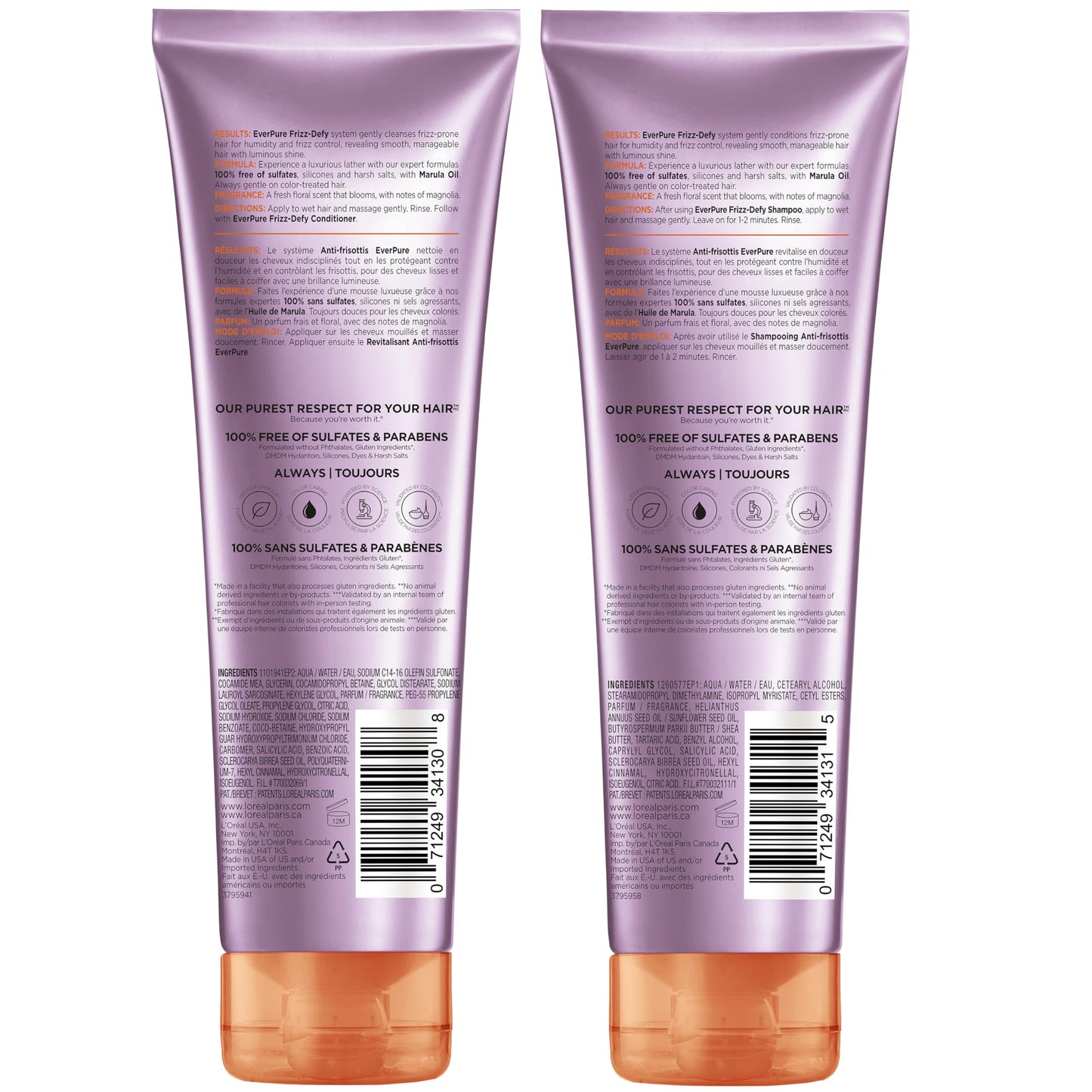L'Oreal Paris Frizz Defy Shampoo and Conditioner Set, Frizz Control Hair Care with Marula Oil, EverPure, 8.5 Fl Oz, Set of 2 Beauty & Personal Care L'Oreal Paris