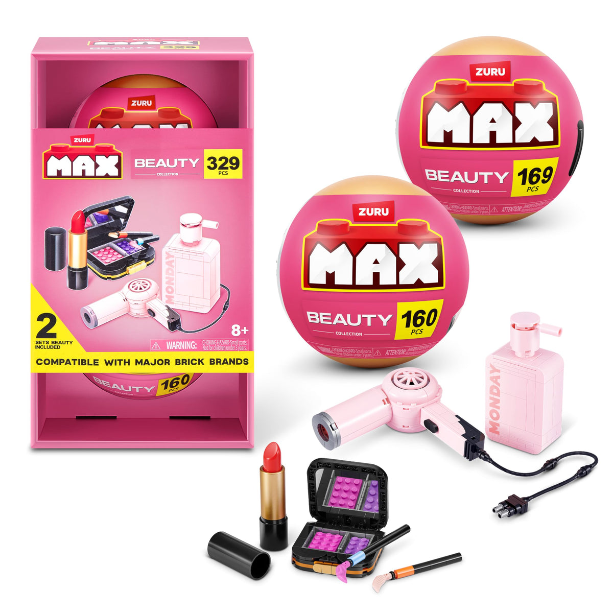 MAX Build More Premium Beauty Collection 2 Pack (Lip and Face Makeup Kit & Hair Dryer & Monday Shampoo) by ZURU - Novelty Unboxing Toy & Building