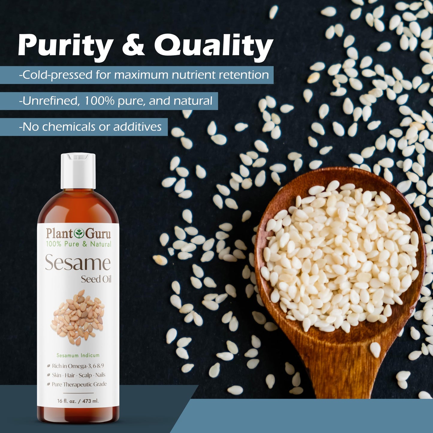Sesame Seed Oil 8 fl. oz. - Cold Pressed, 100% Pure & Natural Carrier for Skin, Face, Body, Hair, and Cooking. Great for DIY Creams, Lotions, and Lip Beauty & Personal Care Plant Guru