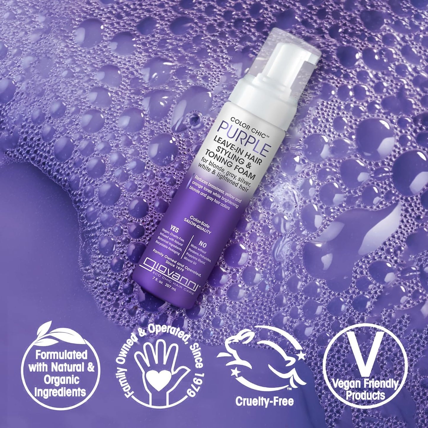 GIOVANNI Color Chic Purple Leave-In Hair Styling & Toning Foam - Purple Foam for Blonde, Gray, Brassy, Fine Hair, Gives Volume & Shine for Women & Men Beauty & Personal Care GIOVANNI