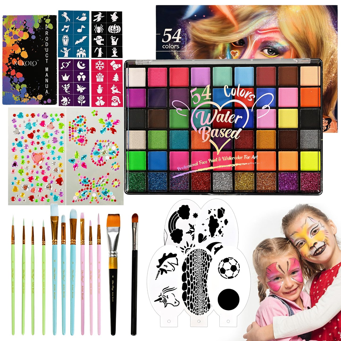 Ruihangda 54 Colors Face Painting Kit for Kids, Non Toxic Water Based Face Body Paint with Brushes, Stencils, Sponges, Gem Stickers, Washable Makeup Beauty & Personal Care Ruihangda