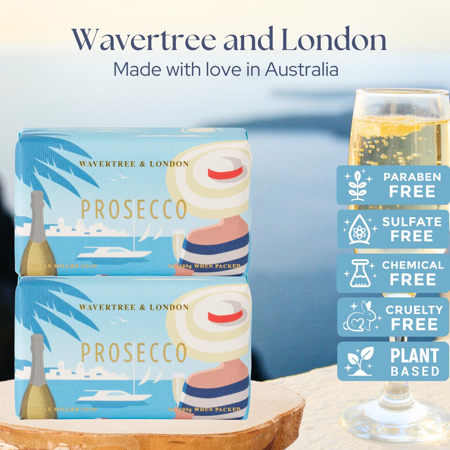 Wavertree & London Prosecco Scented Natural Soap (2 Bars), 7oz Moisturizing French Triple Milled Soap Bars enriched with shea butter - Pure Plant Beauty & Personal Care Wavertree & London