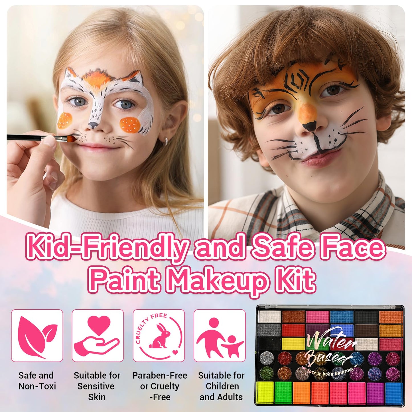 Ruihangda 54 Colors Face Painting Kit for Kids, Non Toxic Water Based Face Body Paint with Brushes, Stencils, Sponges, Gem Stickers, Washable Makeup Beauty & Personal Care Ruihangda