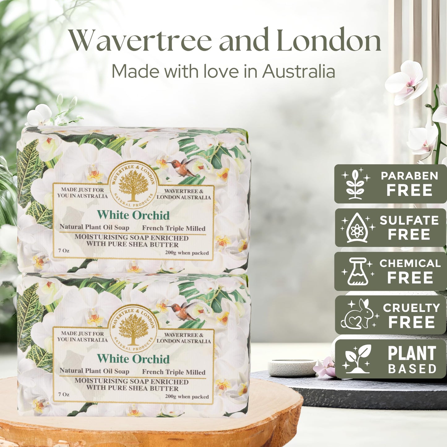 Wavertree & London White Orchid Scented Natural Soap (2 Bars), 7oz Moisturizing French Triple Milled Soap Bars enriched with shea butter - Pure Plant Beauty & Personal Care Wavertree & London