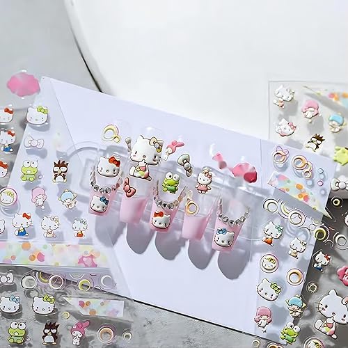 Dedyel Cute Nail Stickers 5D Embossed Cartoon Cat Nail Stickers Kawaii Animal Self-Adhesive Nail Decals for Women Girls Kids Nail Art Decoration Beauty & Personal Care Dedyel