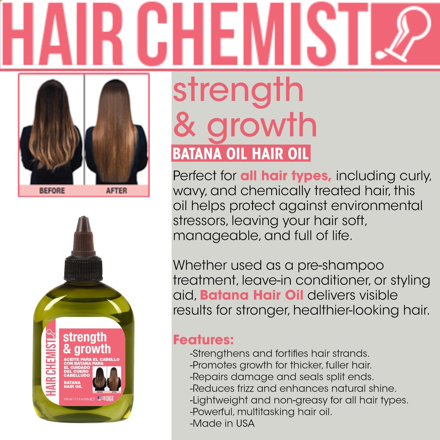 Hair Chemist Strength & Growth Batana Hair Oil 7.1 oz. - Nourishing Batana Hair Growth Oil Beauty & Personal Care Hair Chemist