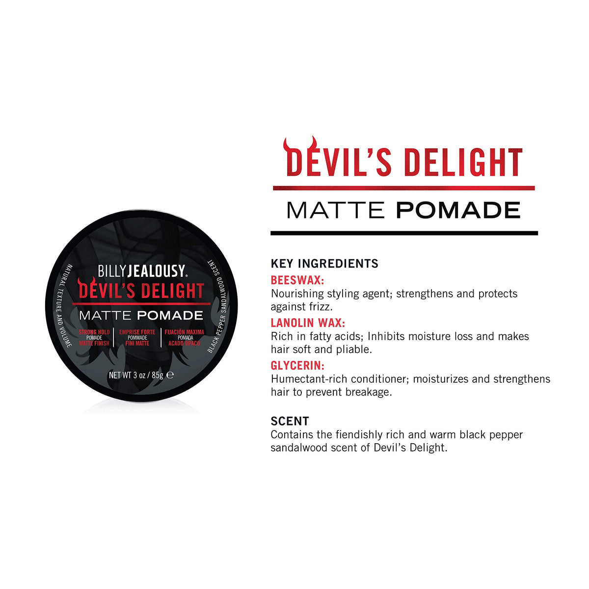 Billy Jealousy Devil's Delight Matte Pomade for Men Adds Volume and Definition, Strong Hold Water-Based Formula with Black Pepper Sandalwood Scent, 3 Beauty & Personal Care Billy Jealousy