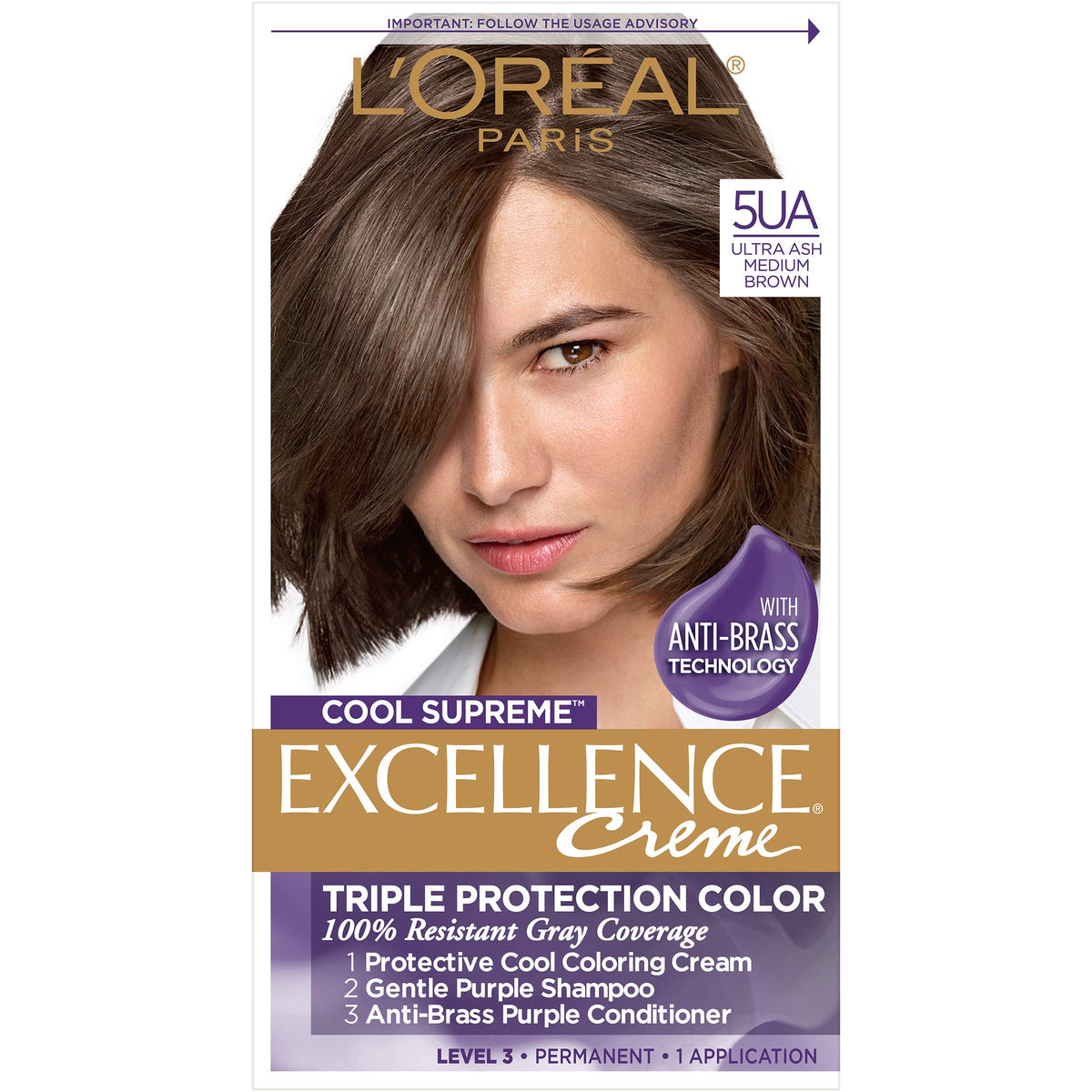 L'Oreal Paris Excellence Cool Supreme Permanent Hair Color, Ash, 100 Percent Gray Coverage Hair Dye, Anti-Brass regimen includes gentle shampoo,