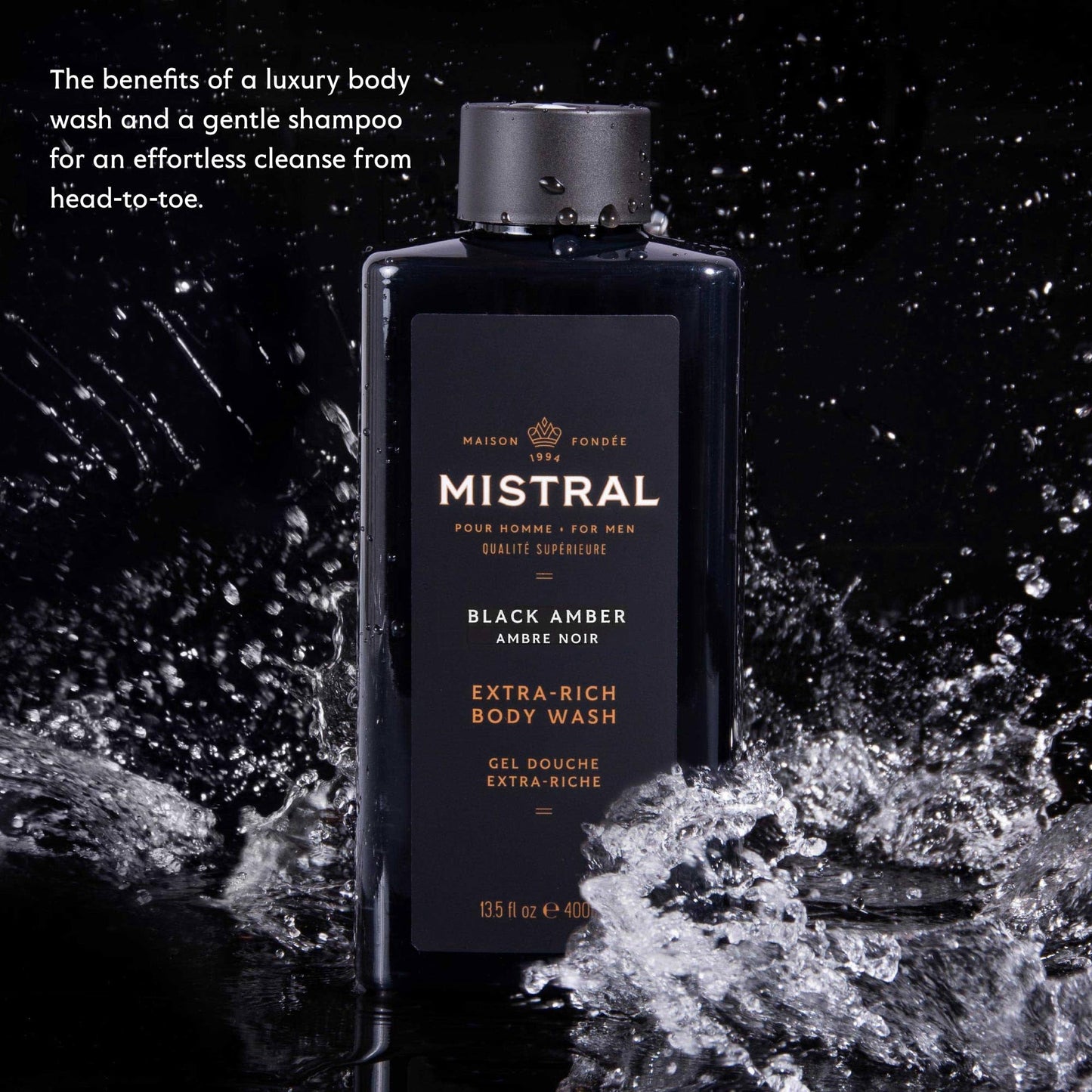Mistral Men's Body Wash & Shampoo, Black Amber 13.5 oz | 2-in-1 Natural Shower Gel for Men | SLS, Paraben & Phthalate Free | Natural Men’s Body Wash Beauty & Personal Care Mistral
