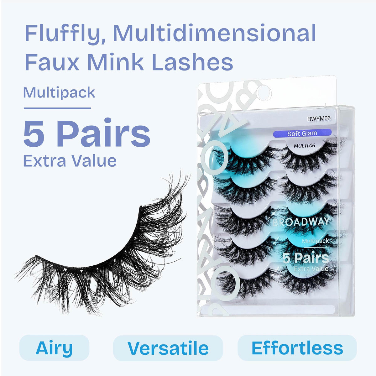 Broadway False Lashes Multipack, Faux Mink Wispy Volume Strip Eyelashes, Natural Look for Daily & Glam Wear, 5 Pairs Fluffy & Lightweight Cat Eye