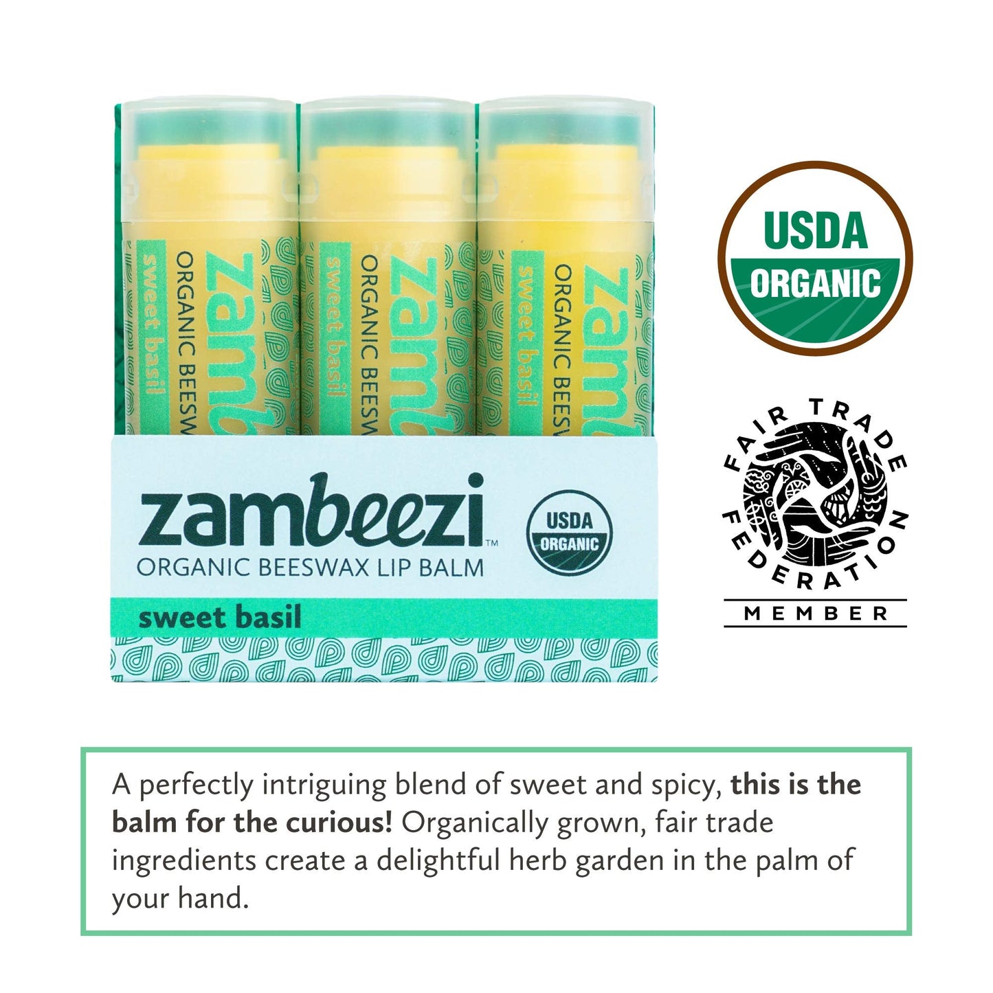 ZAMBEEZI Organic, Fair Trade Beeswax Lip Balm - Sweet Basil 3 Pack - Ethically Sourced Beauty and Personal Care Zambeezi