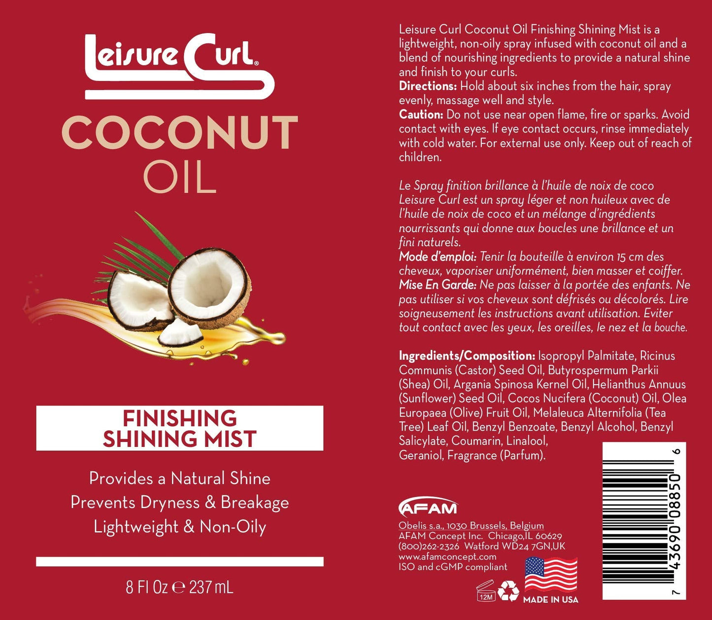 Coconut Oil Finishing Shining Mist, 8 oz for Natural Shine | Prevents Dryness & Breakage, Lightweight & Non-Oily Styling Beauty & Personal Care Leisure Curl
