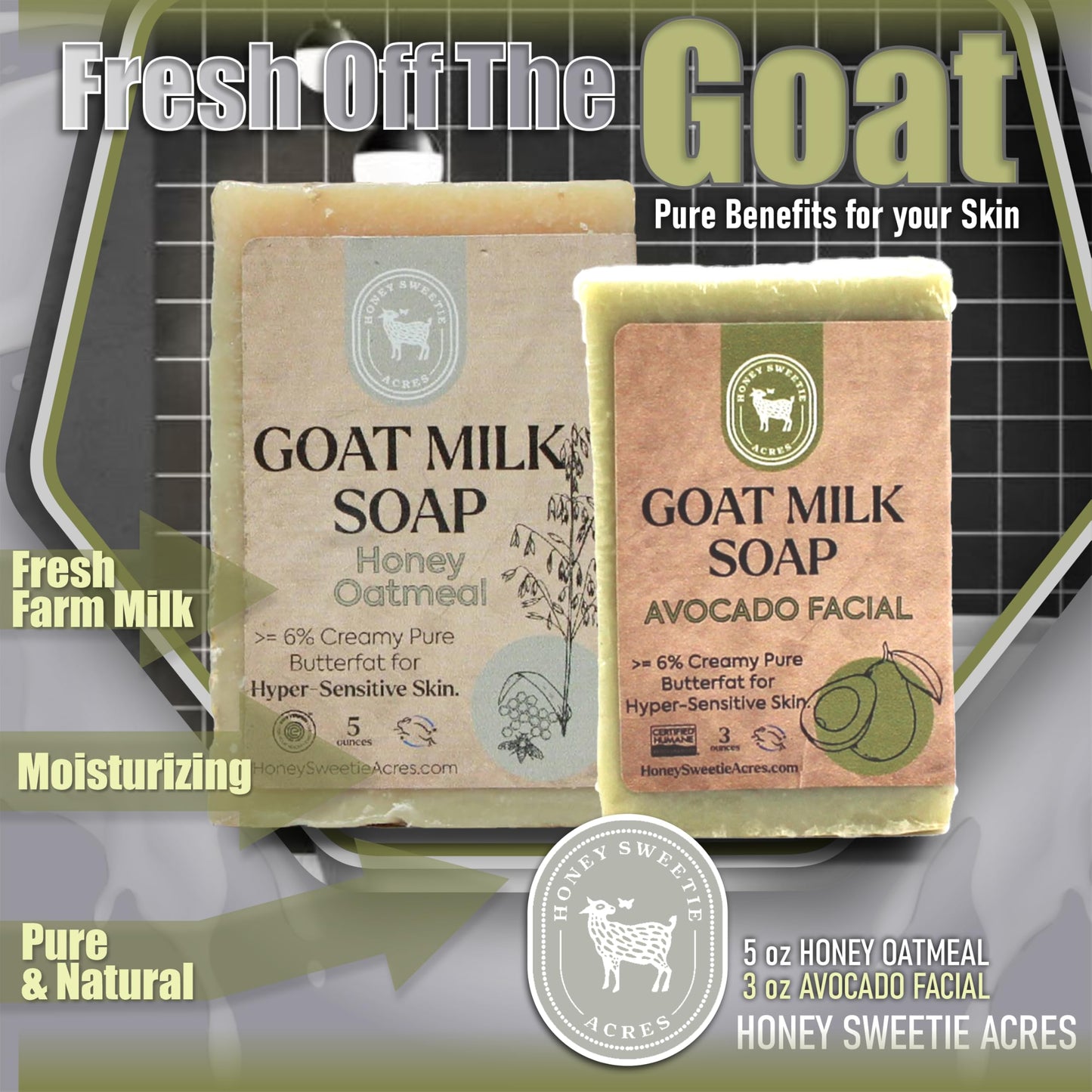 Honey Sweetie Acres Fresh of the Goat Face and Body Soap Bundle - 3 oz Avocado Facial Bar + 5 oz Hydrating Honey Oatmeal Goat Milk Soap - Handcrafted Beauty & Personal Care Honey Sweetie Acres