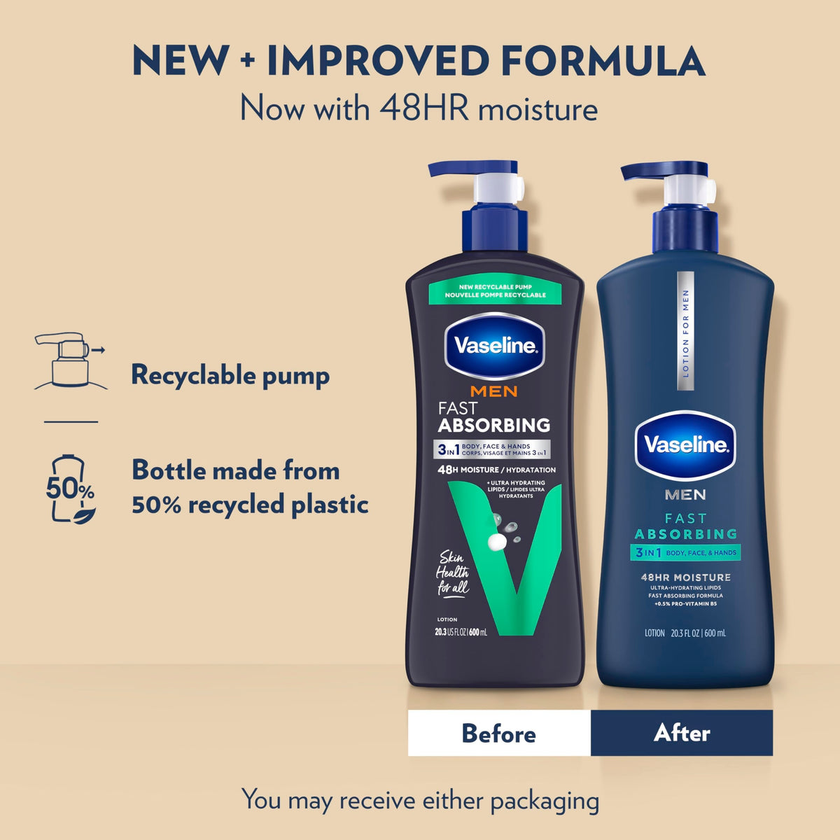Vaseline Men Fast Absorbing 3-in-1 Face, Hands & Body Lotion for Men, For Dry Skin, Absorbs in Just 15 Seconds for Moisturized Skin 20.3 oz Beauty & Personal Care Vaseline