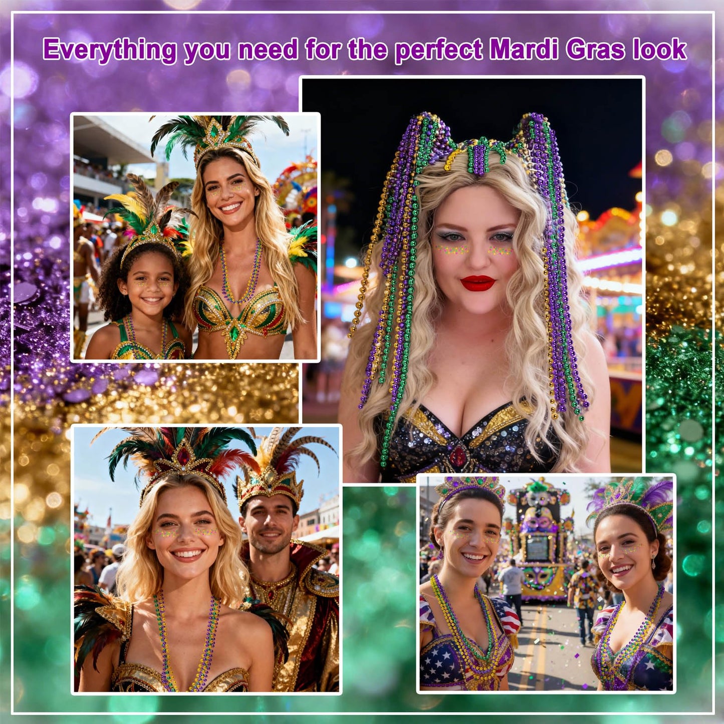 Purple Green Gold Mardigras Face Hair Glitter Makeup Set, for Parade Mask Parties Carnivals, with 10 PCS 7mm Beads Necklaces Beauty & Personal Care faglowmify