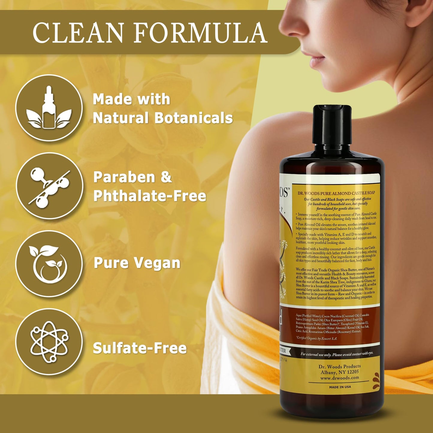 Dr. Woods Almond Liquid Castile Soap - Castile Soap with Pure Almond Oil, Body Wash for Men and Women, Organic Shea Butter, Natural Cleaner for Face Beauty & Personal Care Dr. Woods