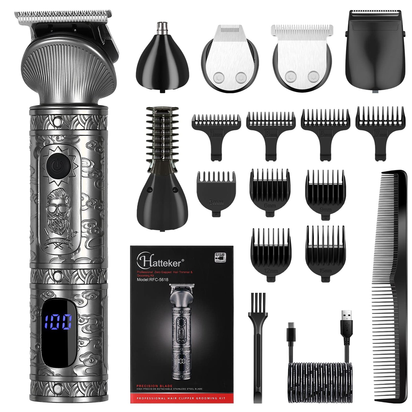 Hatteker Beard Trimmer Kit for Men Professional Hair Clipper T-Blade Beard Hair Shaver Nose Trimmer Hair Cutting Kit Body Grooming Kit Cordless 6 in 1 Beauty and Personal Care Hatteker