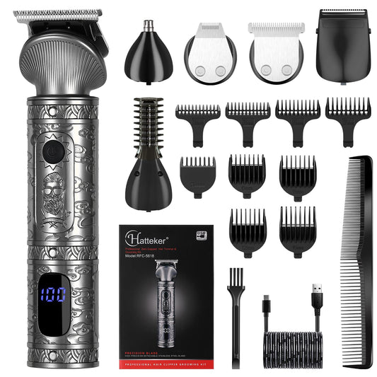 Hatteker Beard Trimmer Kit for Men Professional Hair Clipper T-Blade Beard Hair Shaver Nose Trimmer Hair Cutting Kit Body Grooming Kit Cordless 6 in 1 Beauty and Personal Care Hatteker