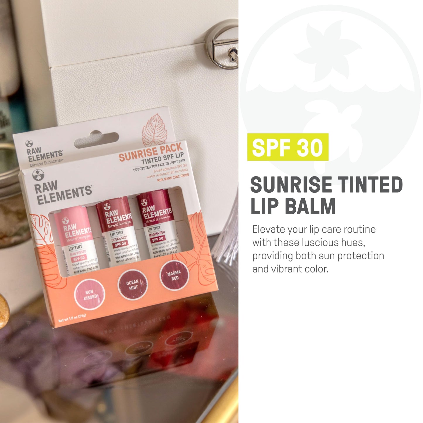 Raw Elements Tinted Lip Sun Kissed, Ocean Mist, Magma Red SPF 30 .15 oz Sunrise Pack Beauty & Personal Care Raw Elements