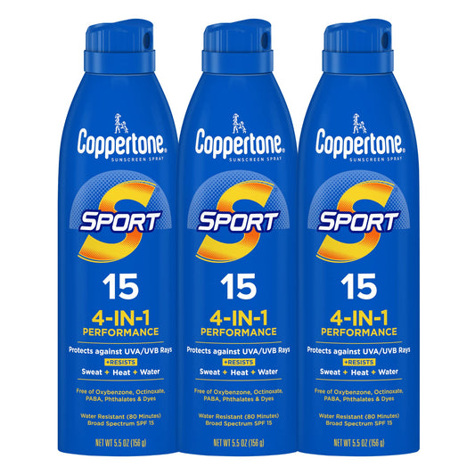 Coppertone Sport Sunscreen Spray, Broad Spectrum SPF 15 Water Resistant Spray Sunscreen, 5.5 Oz, Pack of 3 Beauty & Personal Care Coppertone