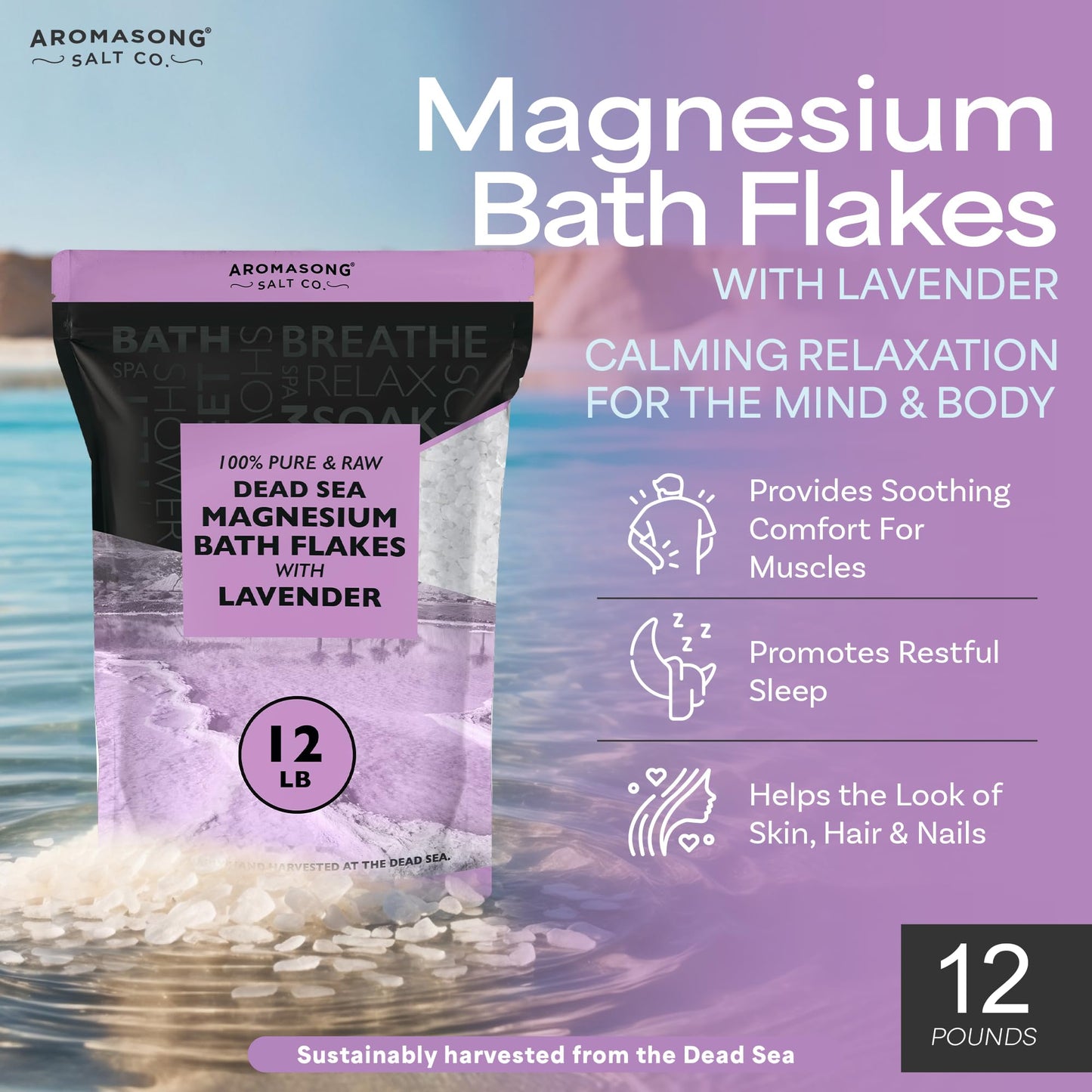 Aromasong RAW Magnesium Bath Flakes with 100% Natural Lavender, 12 Lb. Bulk Muscle Relaxing Organic Salts Mg Chloride, Mineral Soak Salt. Beauty and Personal Care Aromasong