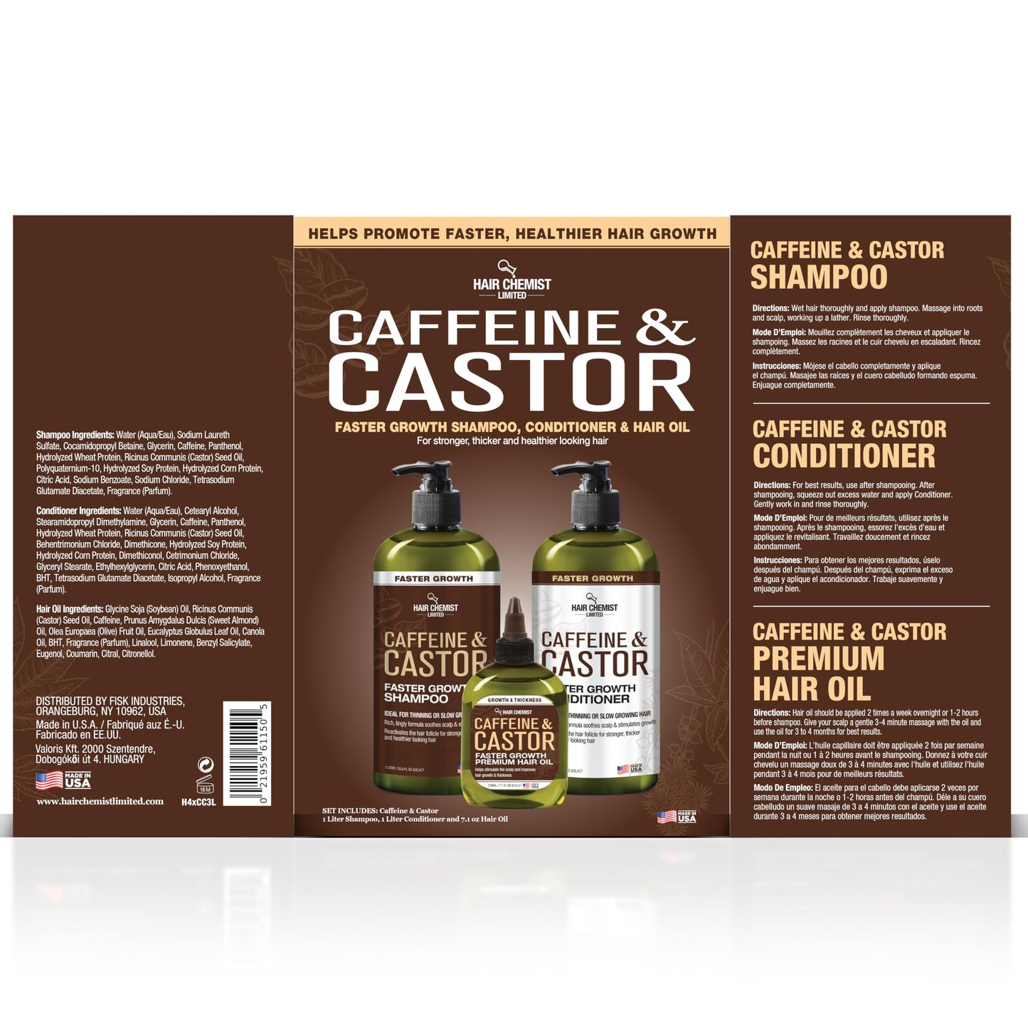 Hair Chemist Caffeine & Castor Large Shampoo/Conditioner/Hair Oil 3-PC Boxed Gift Set - Sulfate Free Shampoo & Conditioner for Growth Beauty & Personal Care Hair Chemist