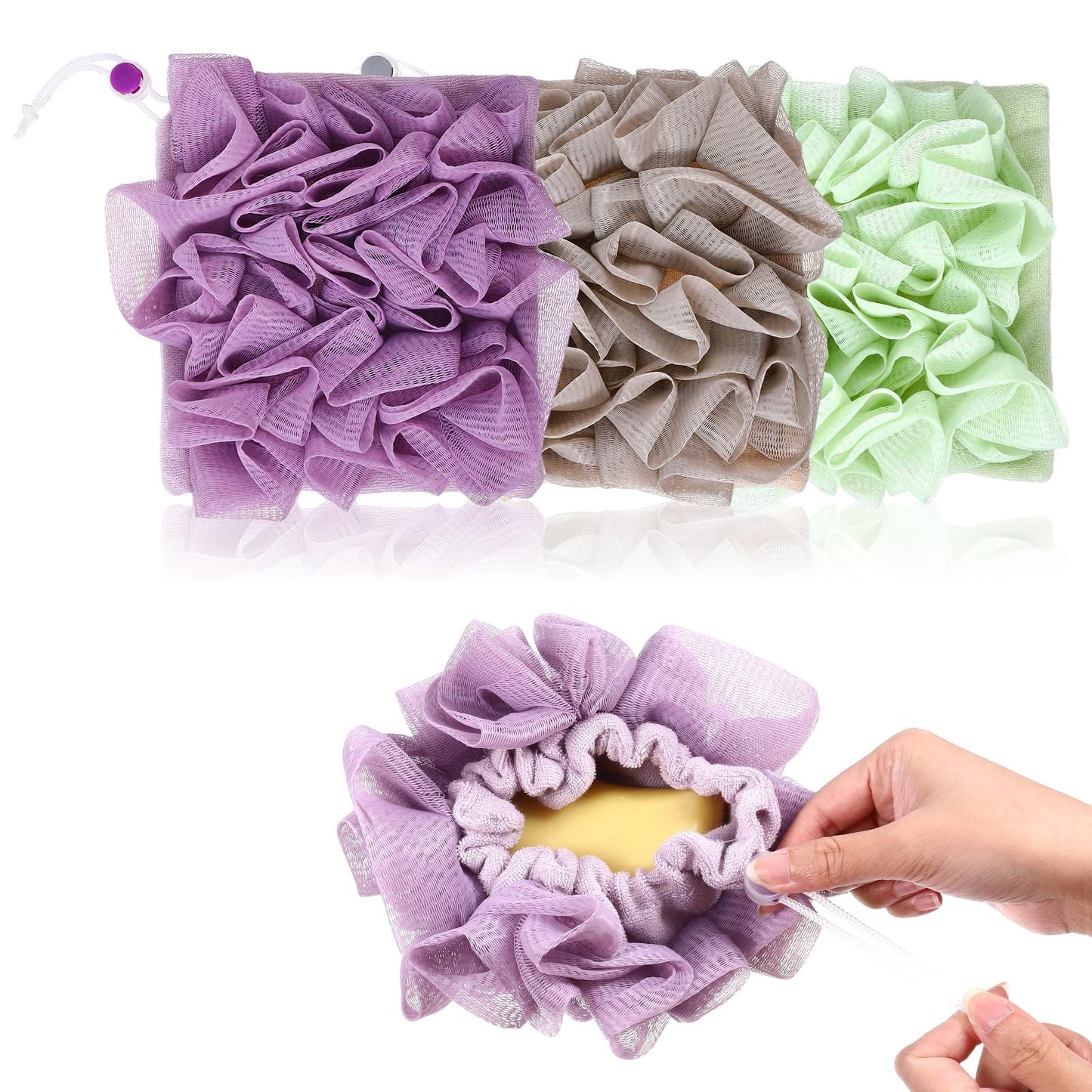 WJIAAA Loofah Washcloth Combo, 3 Pack 2-in-1 Exfoliating Shower Pouf Soap Pocket Drawstring Exfoliation Mesh Ball Hold Bar Soap Loofah Washcloth Body Beauty and Personal Care WJIAAA