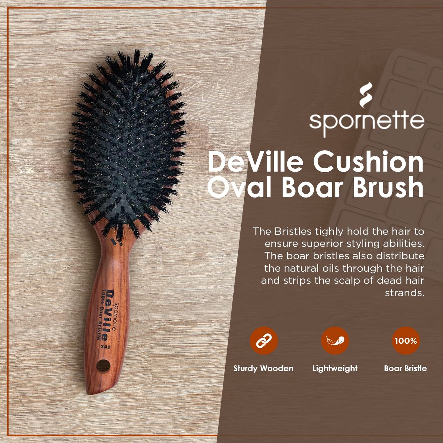 Spornette Deville Boar Bristle Wooden Paddle Hair Brush for Women - Cushion Oval Hair Straightening Brush for Blow Drying, Detangling, Smoothing Beauty & Personal Care SPORNETTE