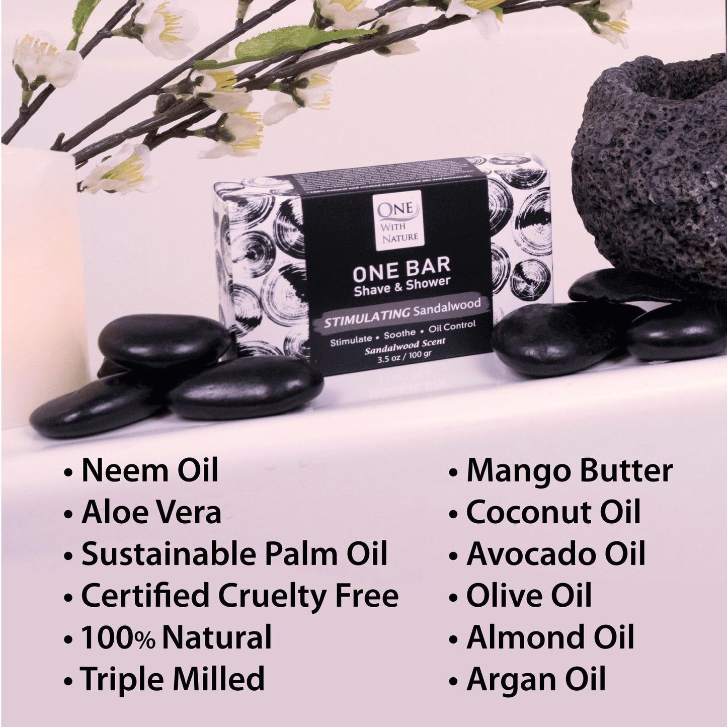 ONE Bar Stimulating Sandalwood 3.5 oz 3 Pack - Shave, Shower, Shampoo, face, beard, body, hair/scalp, SuperFAT oil Infused Avocado, Mango, Olive Beauty and Personal Care One With Nature