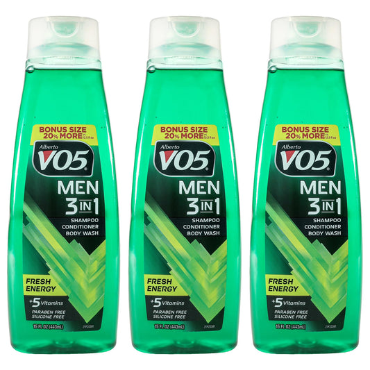 Alberto VO5 3-in-1 Fresh Energy Shampoo Conditioner and Body Wash for Unisex - 15 oz Body Wash - Pack of 3 Beauty & Personal Care VO5