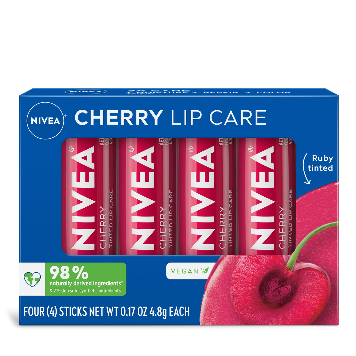 NIVEA Cherry Lip Care, Ruby Tinted Lip Balm Pack with Shea Butter, Nourishing Oils and Vitamin C & E, 3-in-1 Moisture, Repair and Color, 0.17 Oz Beauty & Personal Care NIVEA